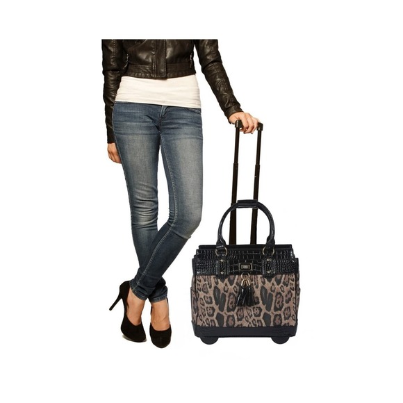 JKM London Leopard Leather Rolling Laptop Tote Bag iPad Tablet Briefcase TRAVEL - Picture 4 of 5